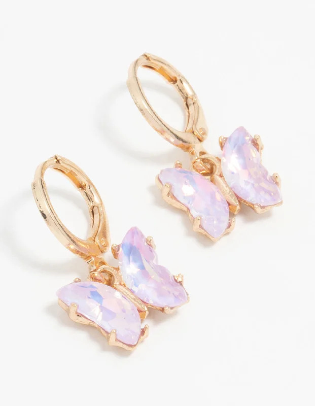 Thick tier earrings-Gold Purple Diamante Butterfly Huggie Earrings