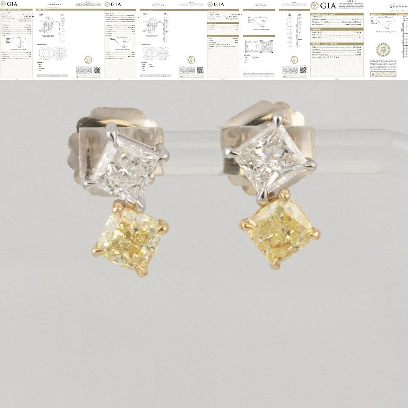 Onyx gem earrings-GIA 14k White / Yellow Gold Square & Cushion Diamond Stud Earrings 4.18ctw