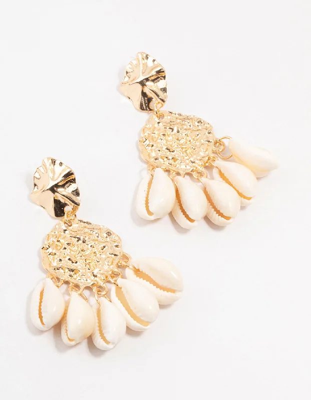 Textured disc earrings-Shell & Molten Gold Drop Earrings