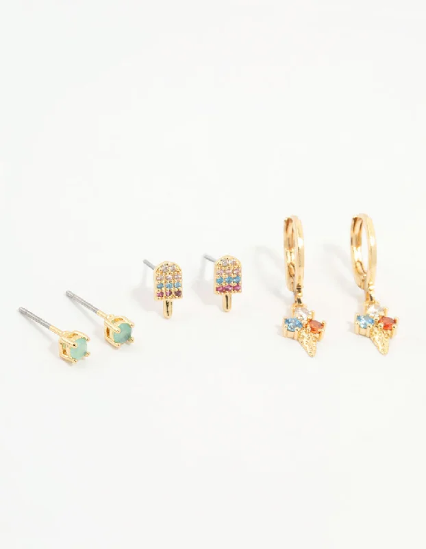 Lily motif earrings-Gold Plated Cubic Zirconia Popsicle & Ice Cream Earrings 3-Pack