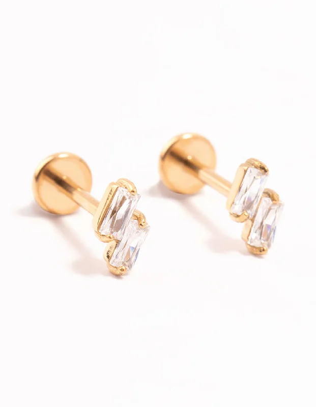 Wide statement earrings-Gold Plated Surgical Steel Double Cubic Zirconia Flat Backs