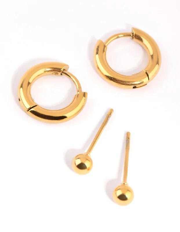 Vintage flair earrings-Gold Plated Surgical Steel Stud & Huggie Earring Set