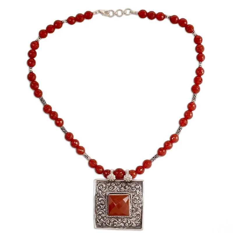 Fiber tassel necklaces-Handmade Sterling Silver 'Mughal Fire' Carnelian Necklace (India)