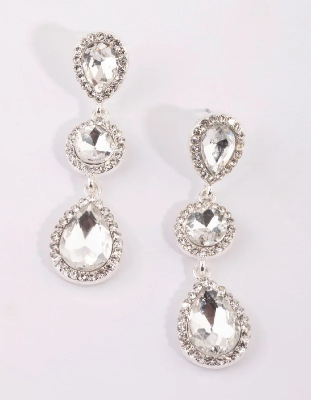 Lily motif earrings-Silver Circular & Teardrop Diamante Earrings