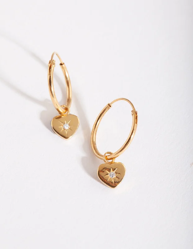 Woven cord earrings-Gold Plated Sterling Silver Mini Heart Hoop Earring