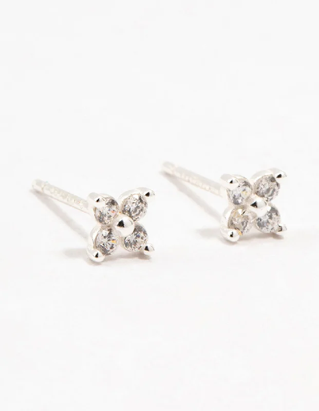 Solid ring earrings-Sterling Silver Cubic Zirconia Micro Flower Stud Earrings