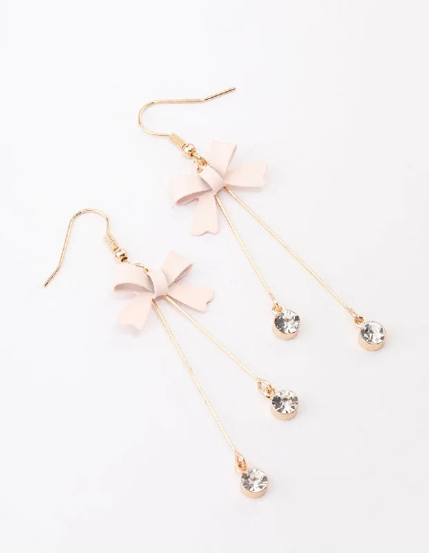 Petal hoop earrings-Blush Diamante Bow Double Bar Drop Earrings