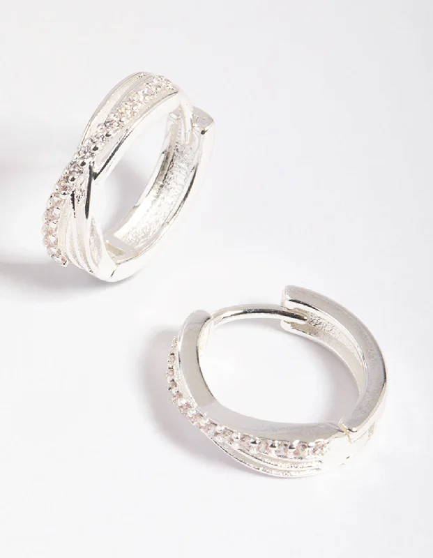 Tide drop earrings-Silver Cubic Zirconia Twisted Huggie Hoop Earrings