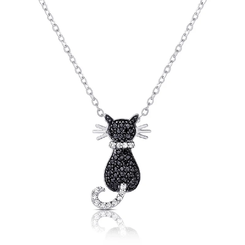 Topaz drop necklaces-Dolce Giavonna Silver Overlay Black and White Cubic Zirconia Cat Necklace