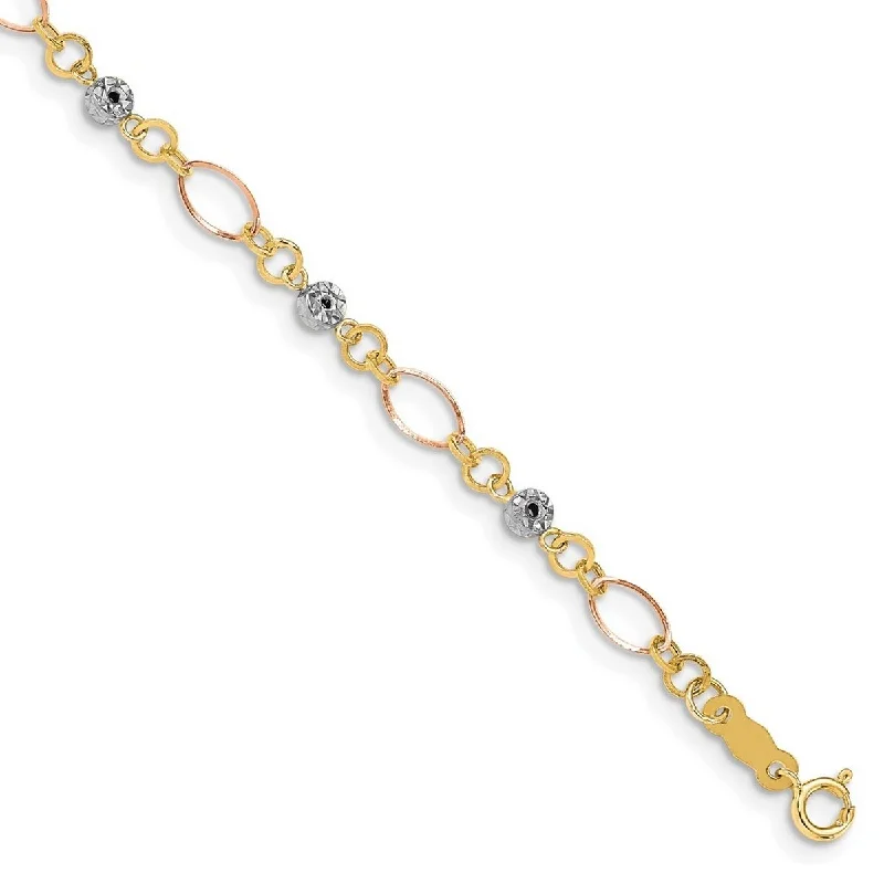 Open frame bangles-Curata 14k Tricolor Gold 7.5" Diamond Cut Beads Oval Links Bracelet