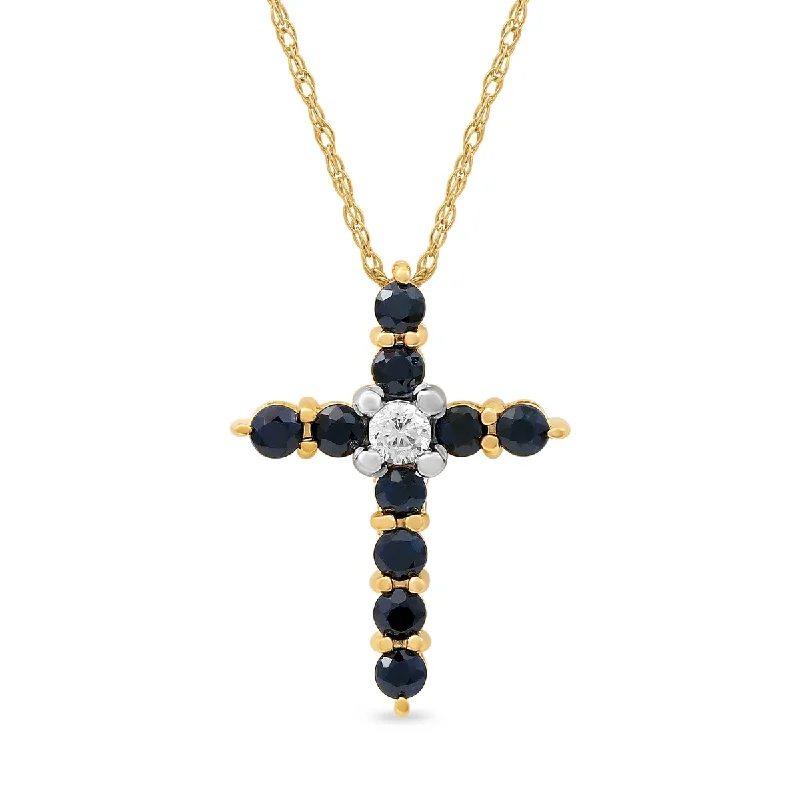 Stretch cord necklaces-Blue Sapphire Gemstone 1/20ct TDW Diamond Cross Pendant Necklace in 10k Yellow Gold