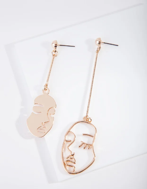 Wide bar earrings-Gold Mismatched Face Earrings