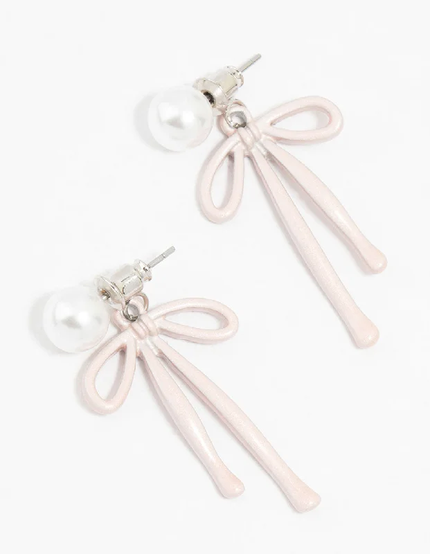 Surf theme earrings-Pink Coated Metal Bow & Pearl Drop Earrings