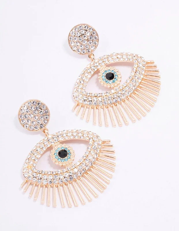 Wave design earrings-Gold Diamante Large Evil Eye Drop Earrings