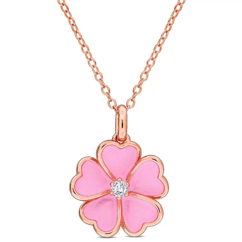 Amethyst pendant necklaces-Miadora 1/10ct TGW White Topaz Pink Enamel Plated Flower Necklace in Rose Plated Sterling Silver