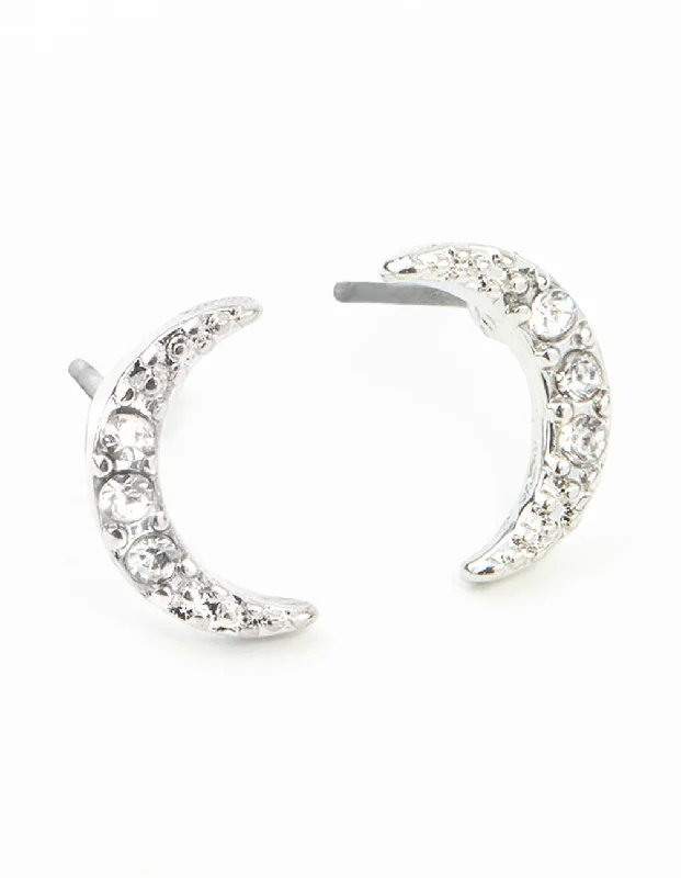 Thick tier earrings-Silver Diamante Cresent Stud Earrings