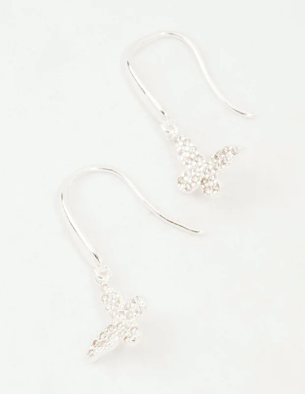 Curved design earrings-Sterling Silver Cubic Zirconia Butterfly Hook Earrings