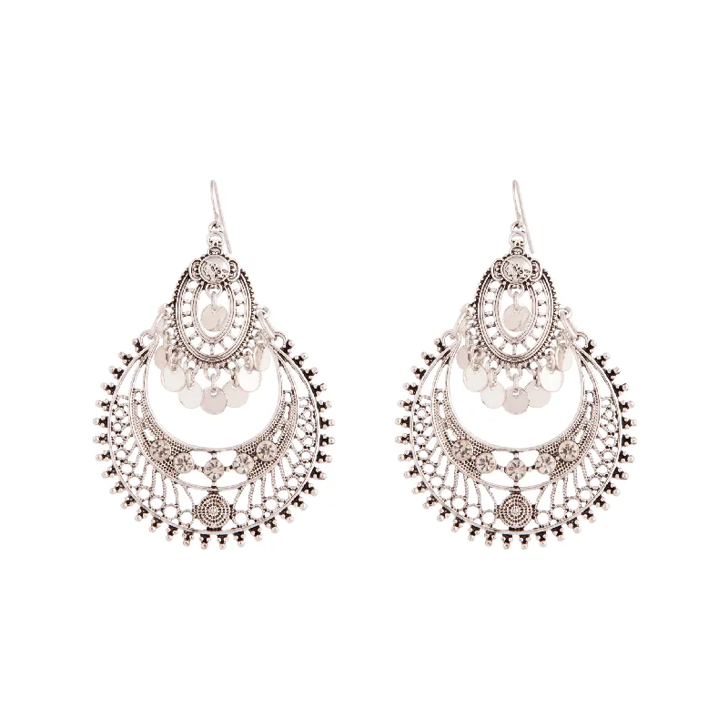 Tiny heart earrings-Etched Antique Silver Disc Drop Chandbali Earrings