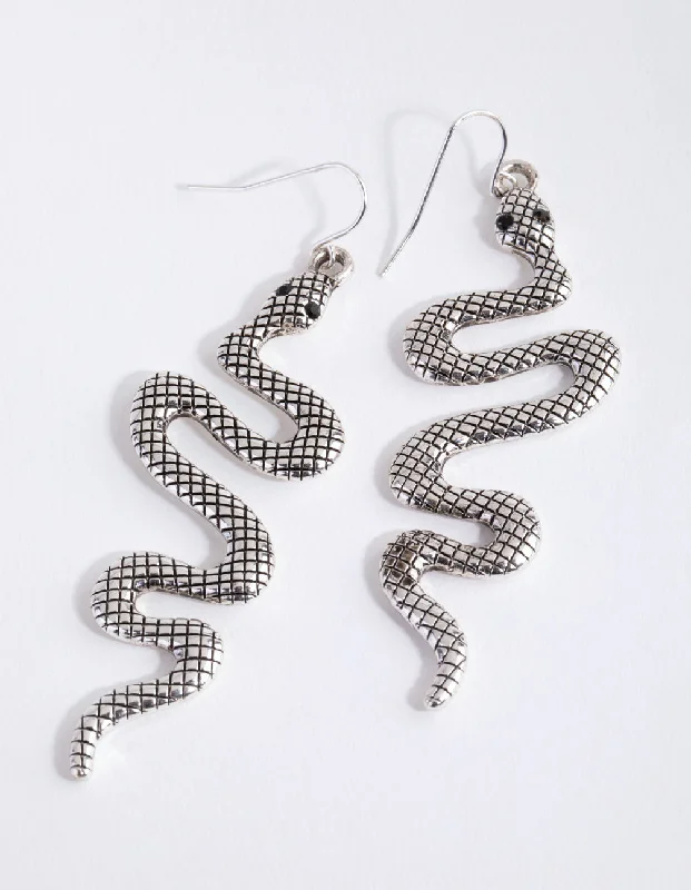 Topaz stone earrings-Antique Silver Textured Snake Earrings