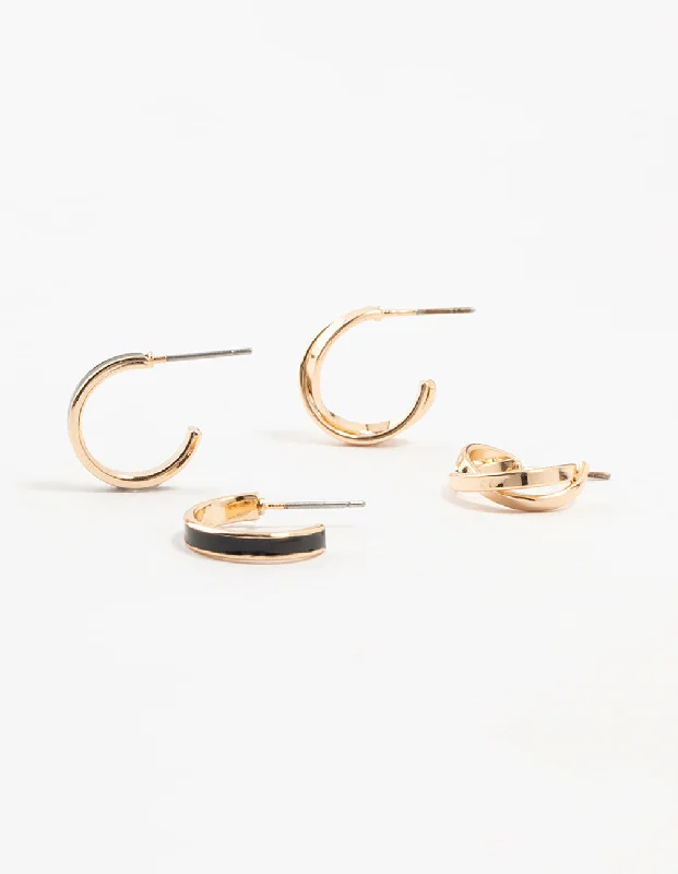 Solid ring earrings-Gold & Black Cross Over Hoop Earrings 2-Pack