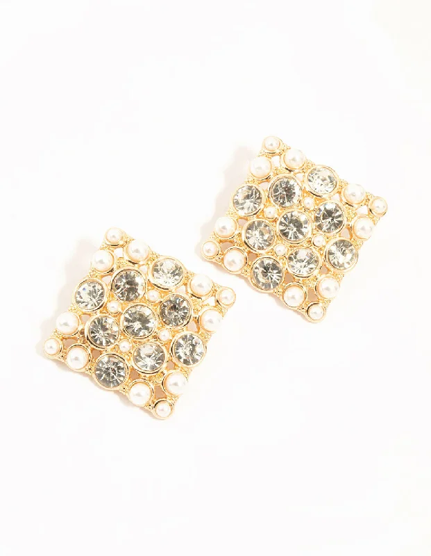 Surf motif earrings-Gold Pearl & Diamante Square Stud Earrings