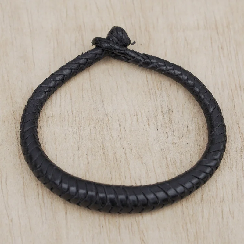 Tide shape bangles-Novica Handmade Black Grace Braided Leather Bracelet