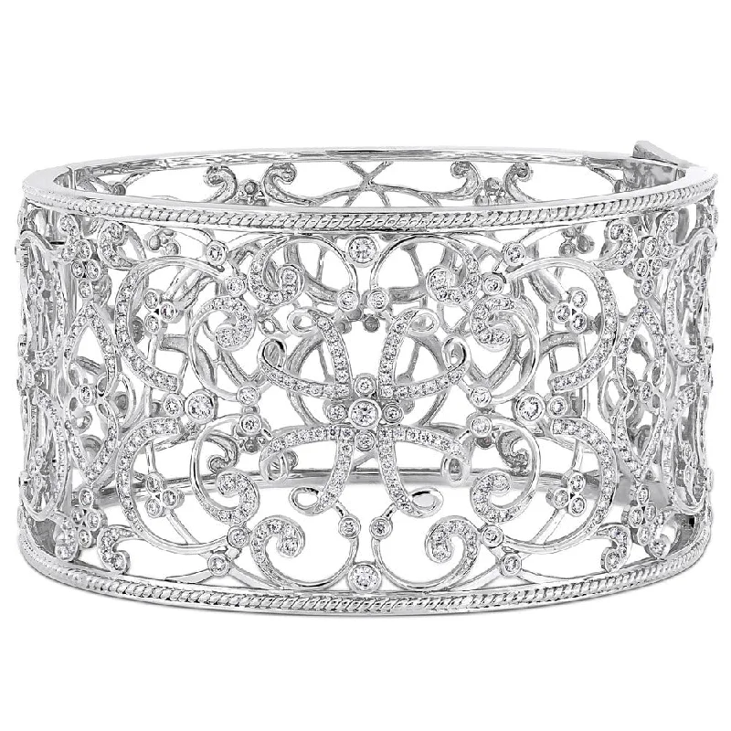 Oval gem bangles-Miadora Signature Collection 14k White Gold 3-1/4ct TDW Diamond Filigree Openwork Cuff Bracelet