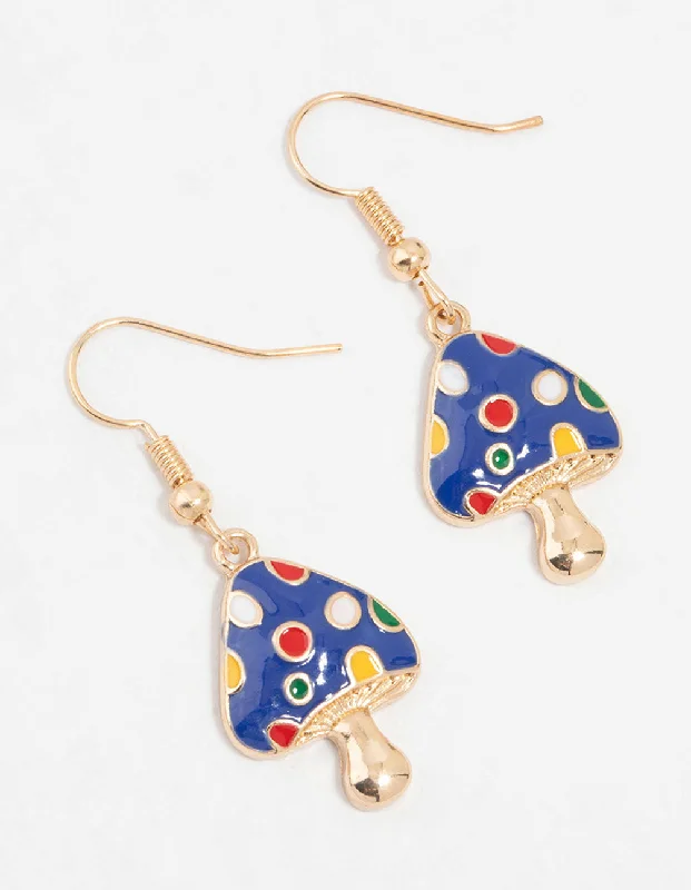 Dove feather earrings-Gold Blue Enamel Mushroom Drop Earrings