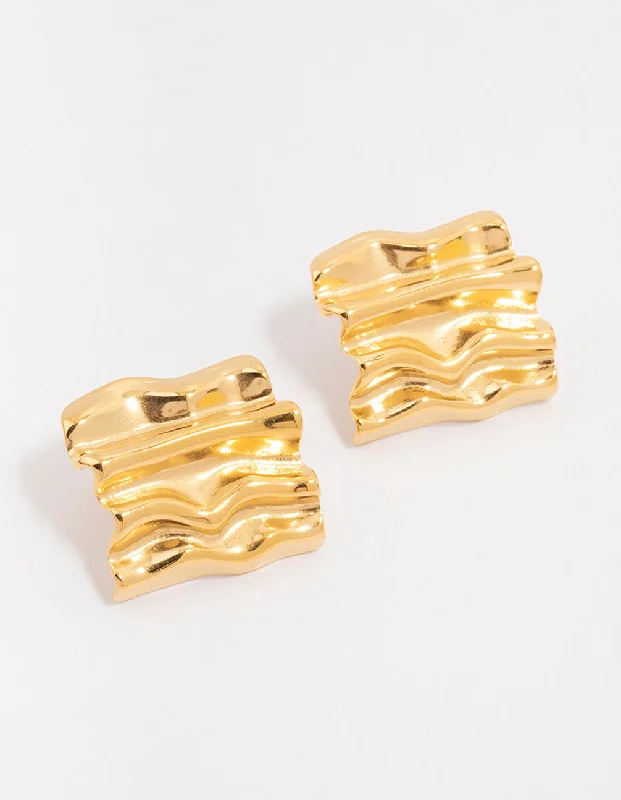 Light clay earrings-Waterproof Gold Plated Stainless Steel Square Textured Stud Earrings