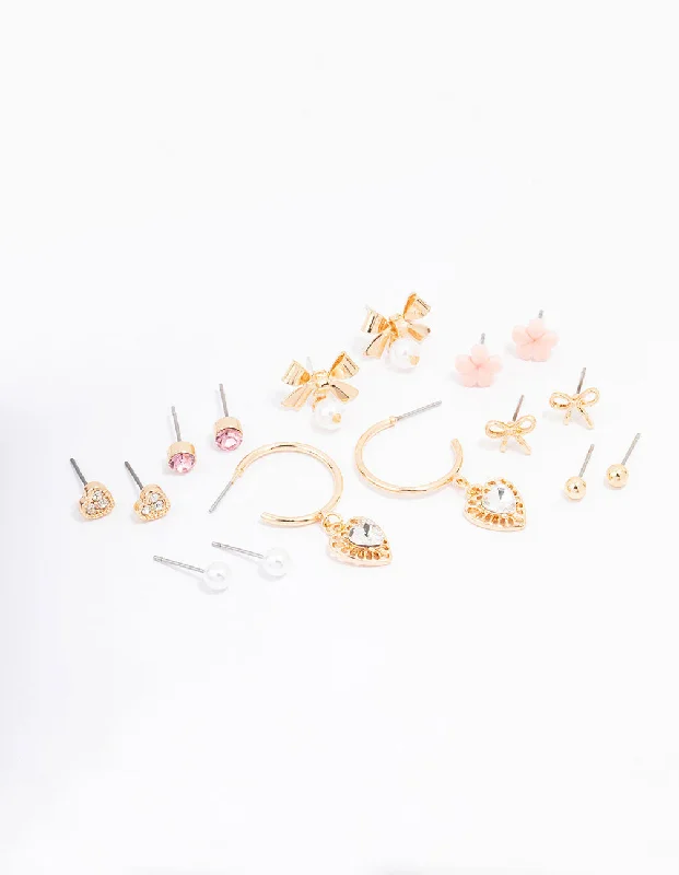 Java tile earrings-Gold Bow Flower & Pearl Earring 8-Pack