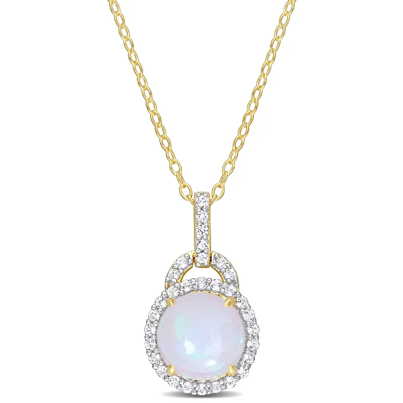 Lily flower necklaces-Miadora 3 1/4ct TGW Blue Ethiolian Opal White Topaz Halo Necklace Yellow Silver