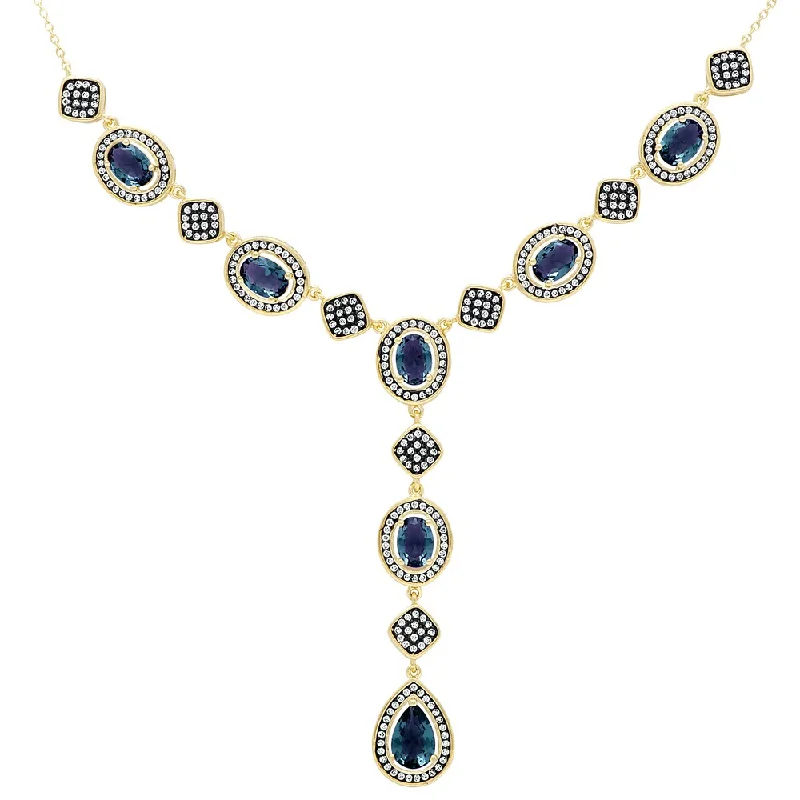 Loop knot necklaces-Samantha Stone Gold Over Sterling Silver Simulated London Blue Topaz and Cubic Zirconia 'Y' Necklace - Gold/Silver/Blue Topaz