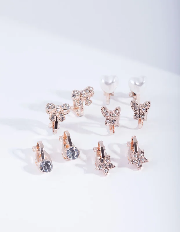 Pure crystal earrings-Kids Rose Gold Diamante Star Butterfly Heart & Bow Clip On Earring 5-Pack