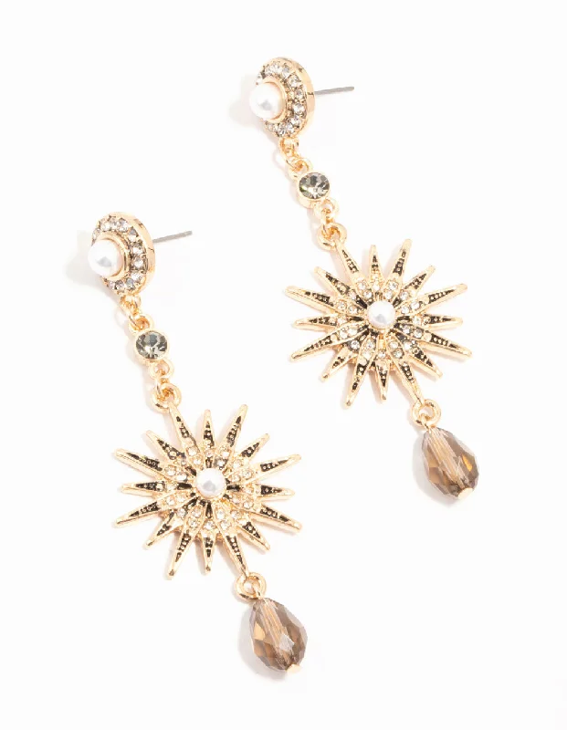 Layered tier earrings-Gold Pearl & Diamante Celestial Drop Earrings