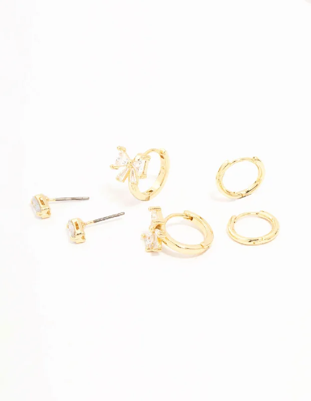 Vivid druzy earrings-Gold Plated Cubic Zirconia Bow Huggie Earrings 3-Pack