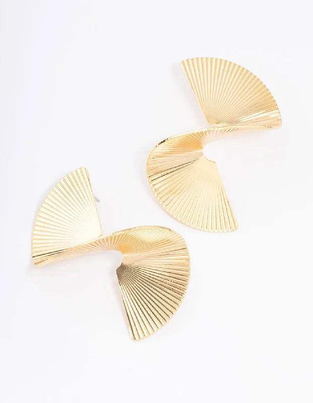 Fine triangle earrings-Gold Plated Twisted Fan Statement Stud Earrings