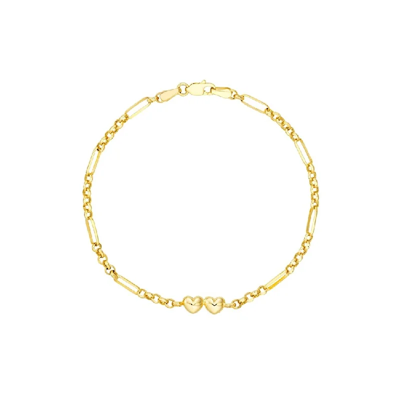 Textured metal bangles-Curata 14k Yellow Gold 7.5" Puffed Heart, Rolo and Long Link Bracelet