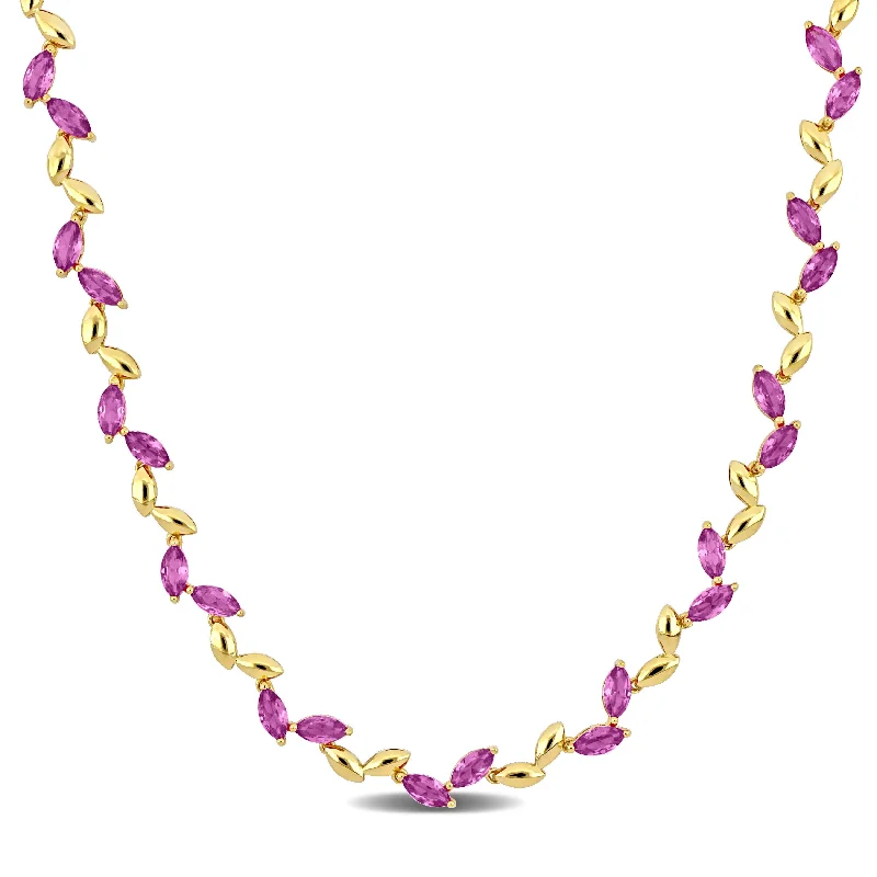 Fox charm necklaces-Miadora 20 3/8ct TGW Created Pink Sapphire Alternate Leaf Necklace in Yellow Silver-17 in