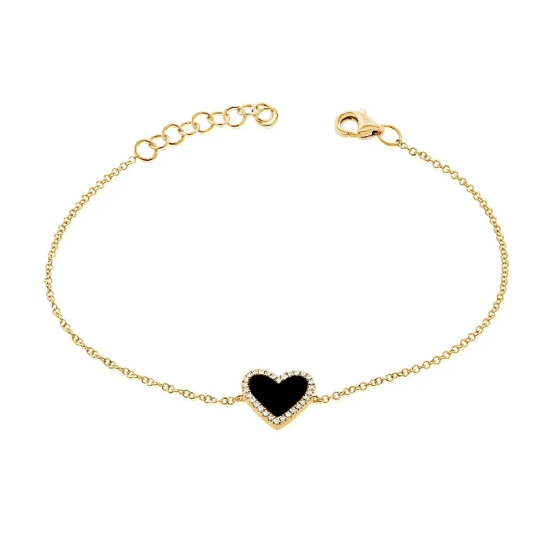 Bead row bangles-Joelle Diamond & Black Agate Heart Chain Bracelet 14K Gold