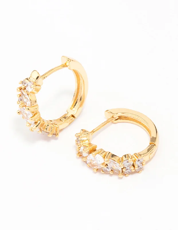 Wide statement earrings-Gold Plated Cubic Zirconia Oval Cluster Hoop Earrings