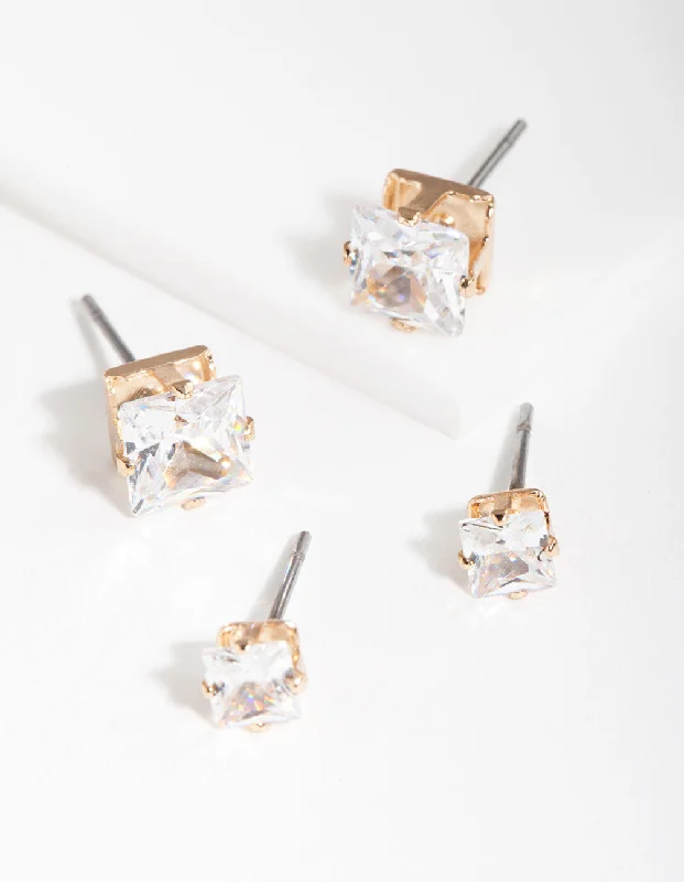 Pure crystal earrings-Gold Cubic Zirconia Square Earring Pack