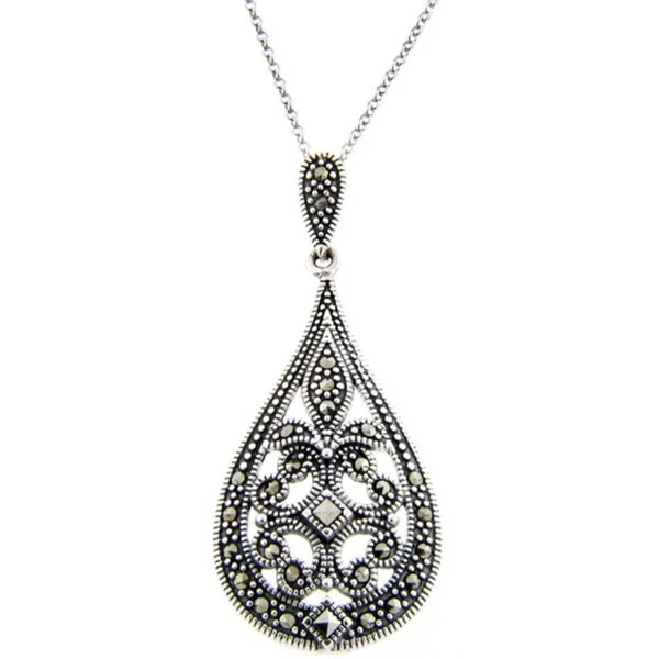 Woven tribal necklaces-Dolce Giavonna Sterling Silver Marcasite Filigree Art DecoTeardrop Necklace