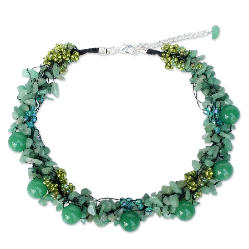 Elegant design necklaces-Gushing Green Dyed Quartzite Multi Shape Gemstones with Glass Accent Beads 925 Sterling Silver Womens Bead Necklace (Thailand)