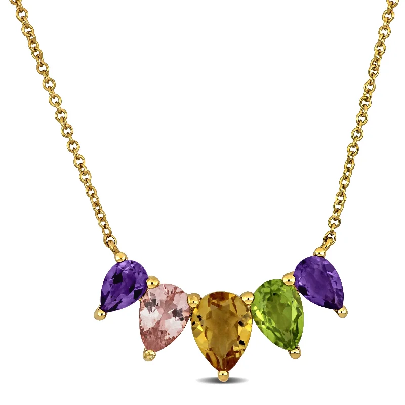 Polished bead necklaces-Miadora 3 1/5ct TGW Pear-Cut Amethyst, Citrine, Morganite and Peridot Necklace in Yellow Silver-18+2in