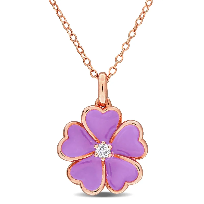 Amethyst pendant necklaces-Miadora 1/10ct TGW White Topaz Purple Enamel Flower Necklace in Rose Plated Sterling Silver-17 in