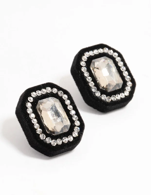 Radiant star earrings-Black Velvet Fabric Diamante Stud Earrings