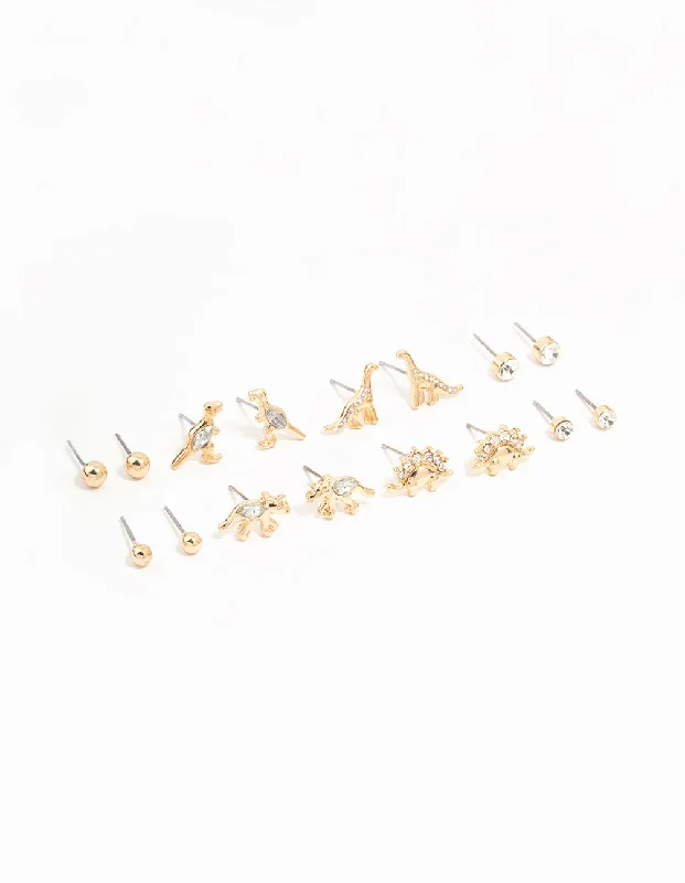 Surf motif earrings-Gold Dinosaur & Diamante Stud Earrings 8-Pack