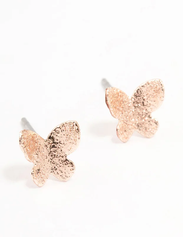 Alloy metal earrings-Rose Gold Sand Blast Butterfly Stud Earrings