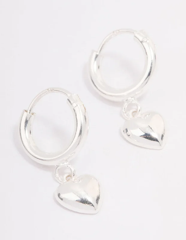 Onyx gem earrings-Sterling Silver Chubby Heart Hoop Earrings