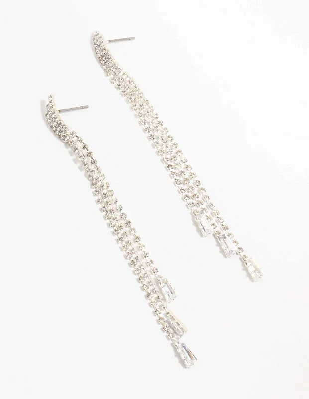 Radiant star earrings-Diamante Cup Chain Drop Silver Earrings